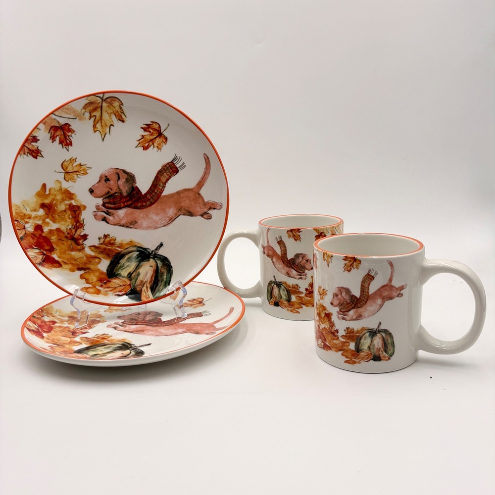 Robert Stanley Mary Urban Fall Dachshund Ceramic Mug and Plate Set 4pc Doxie